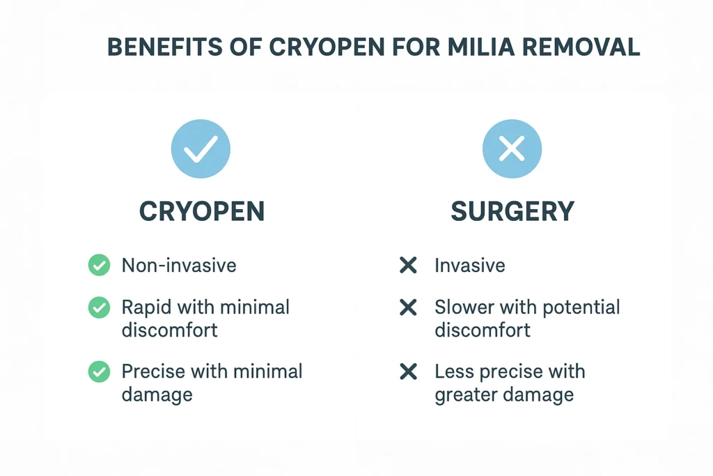 Benefits of cryopen for milia removal Wallingford compared to surgical treatments.