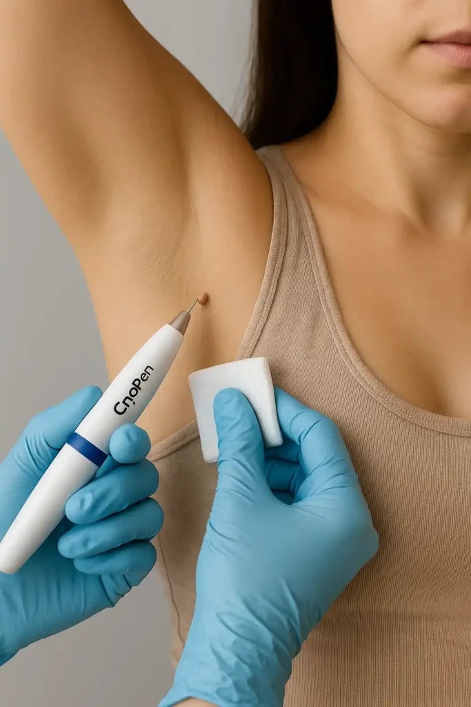 woman having cryopen to remove underarm skin tags Wallingford