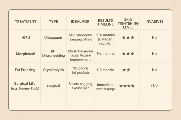 Table showing the comparisons of Skin tightening Wallingford treatment options.